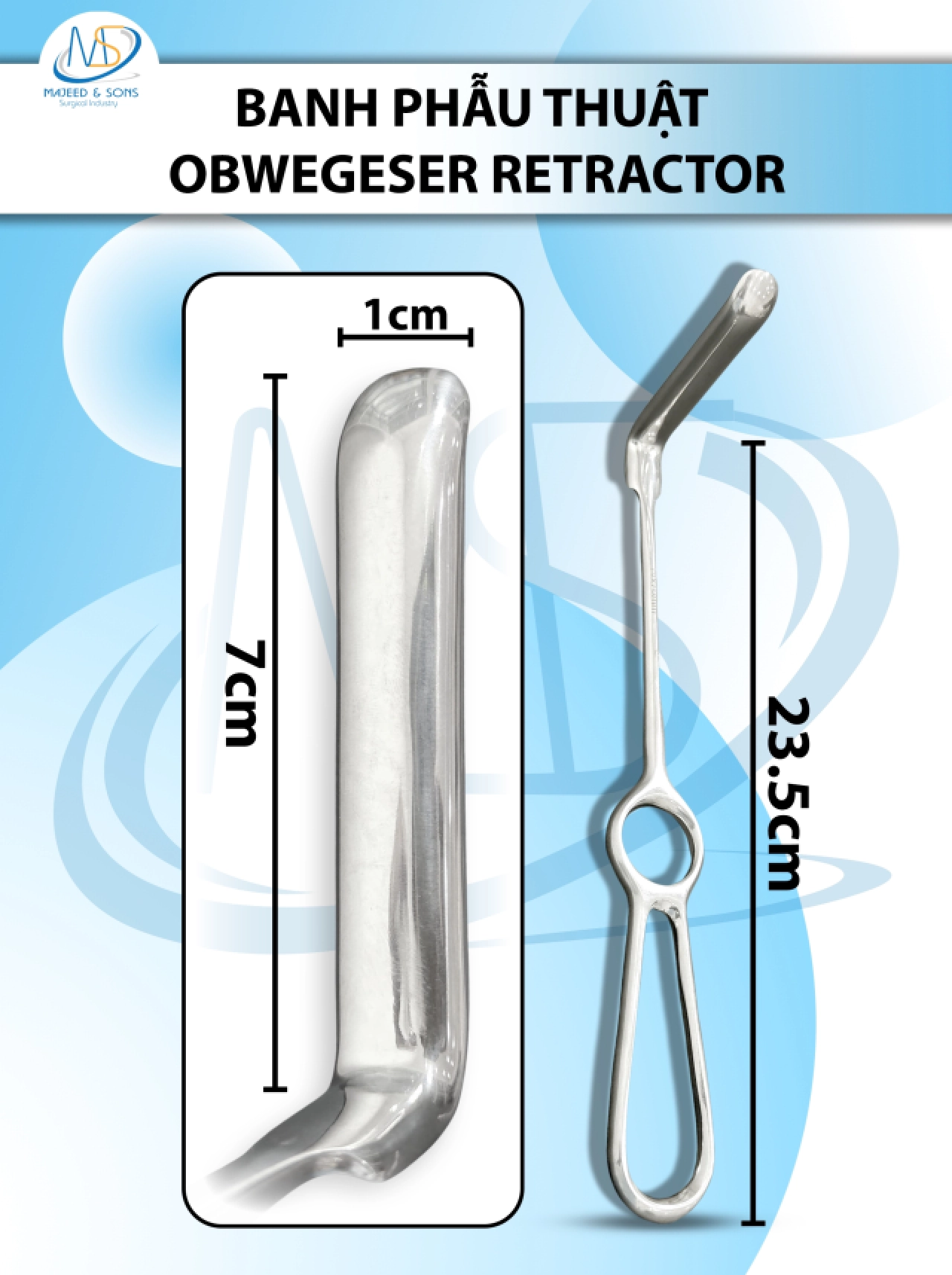 banh phẫu thuật Obwegeser Retractor, banh phẫu thuật hàm mặt 23.5cm LỚN D7cm r1.cm