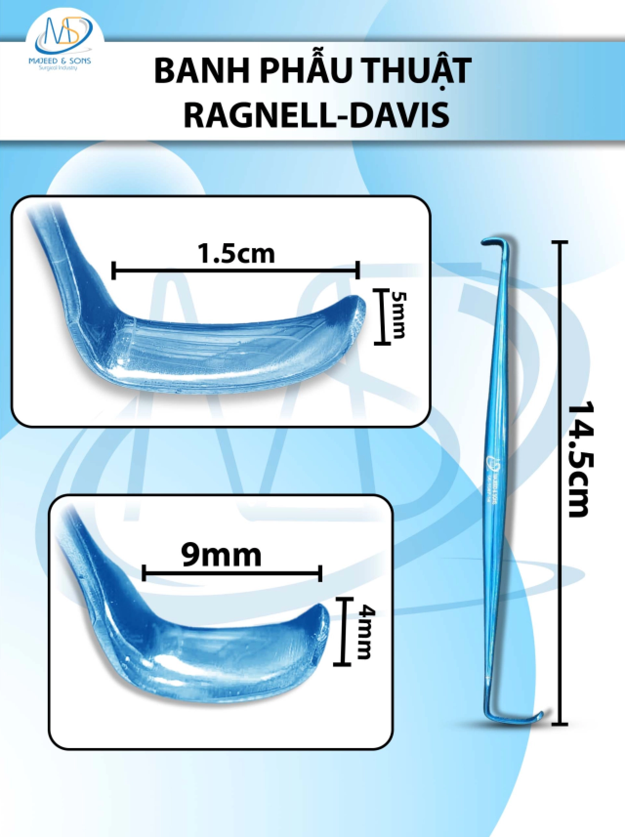 Banh phẫu thuật Ragnell-Davis 14.5cm 15x5mm 9mmx4mm FULL XANH