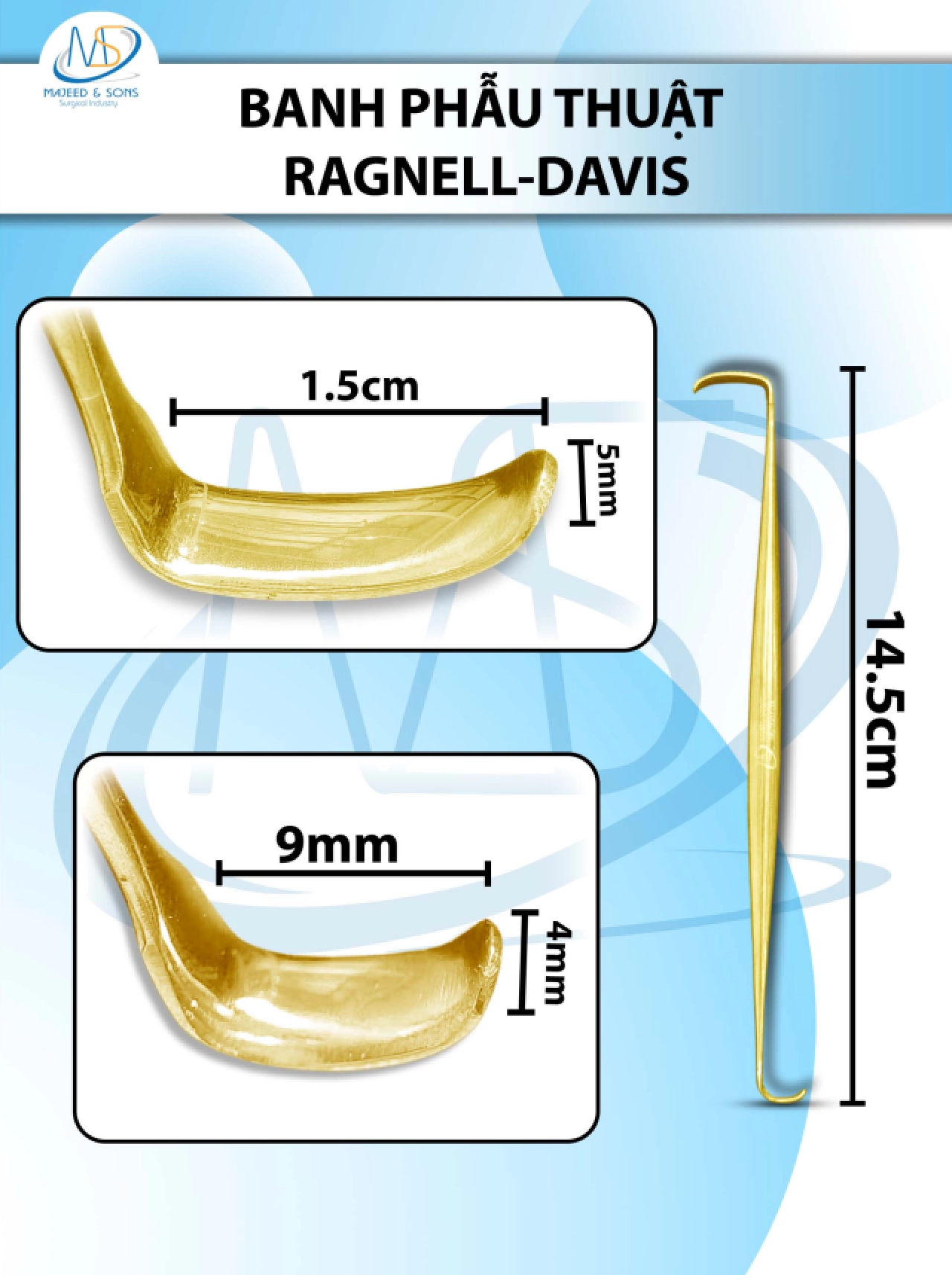 Banh phẫu thuật Ragnell-Davis 14.5cm 15x5mm 9mmx4mm VÀNG
