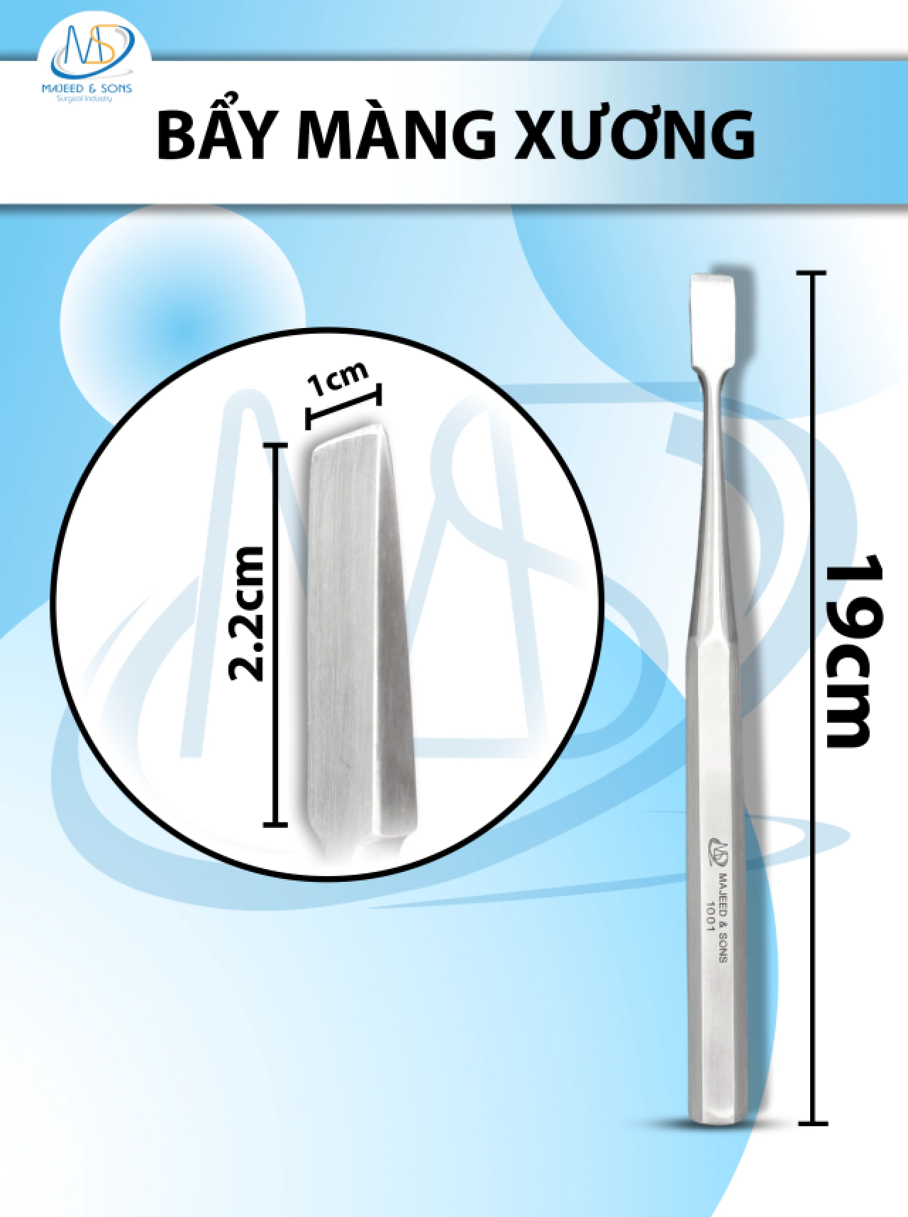 Bẩy màng xương19cm periosteal elevator Nặng 123G, đầu D2.2cm R1cm