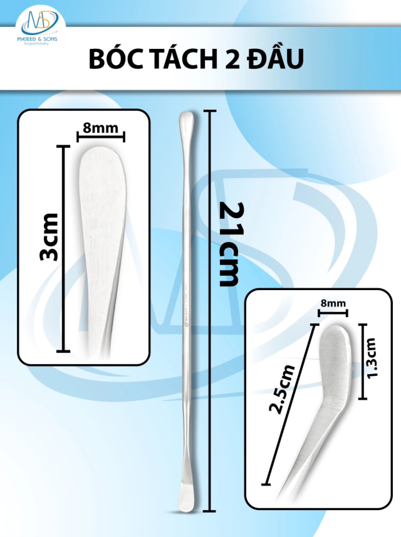 Bóc tách 2 đầu Dài 21cm đầu thẳng D3cm R8mm đầu cong D2.5cm Dài cong 1.3cm R8mm