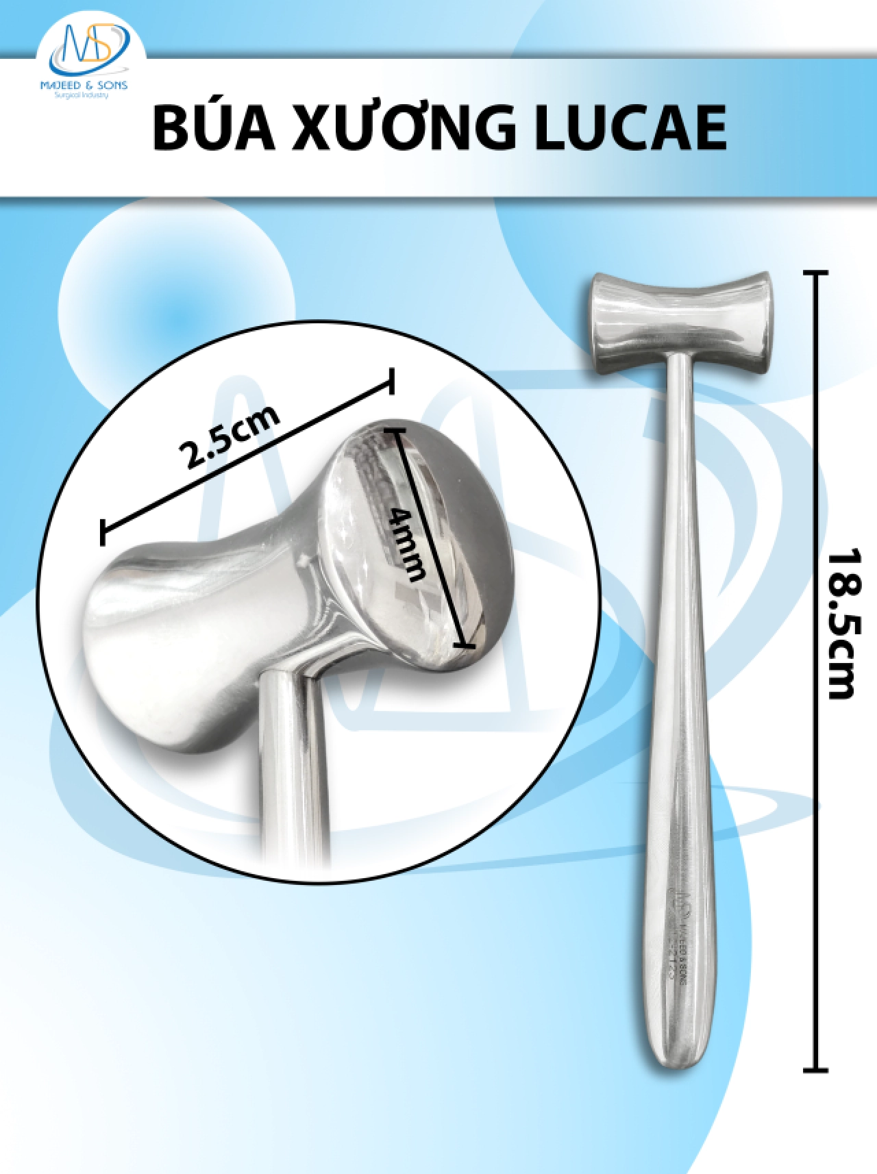 Búa xương Lucae không từ tính 18.5cm nặng 217g, d2.5cm R4mm