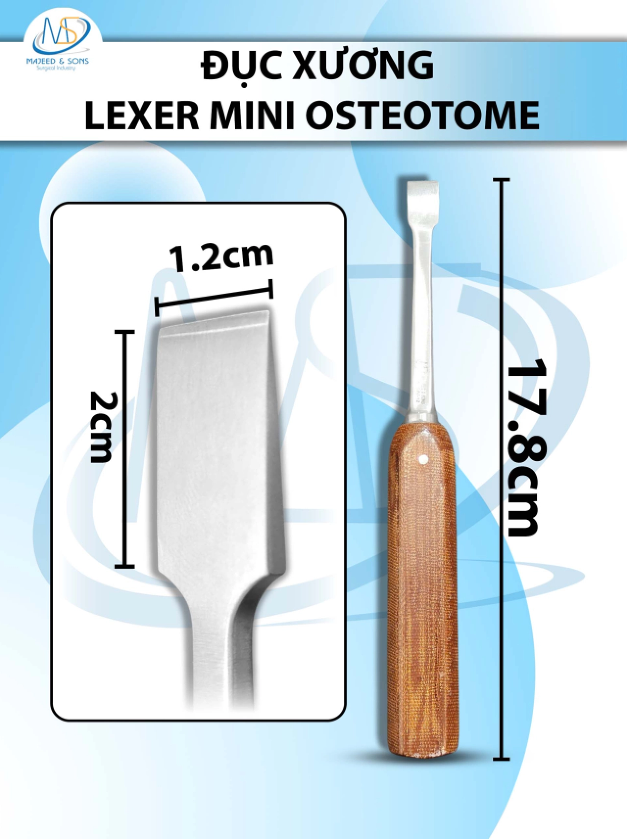 Đục xương, Đục Lexer Mini Osteotome dài 17.8cm d2cm r1.2cm
