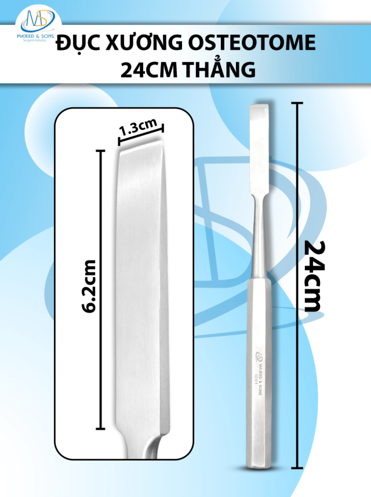 Đục xương (osteotome) 24cm thẳng, đầu D6.3cm R1.3cm 204g