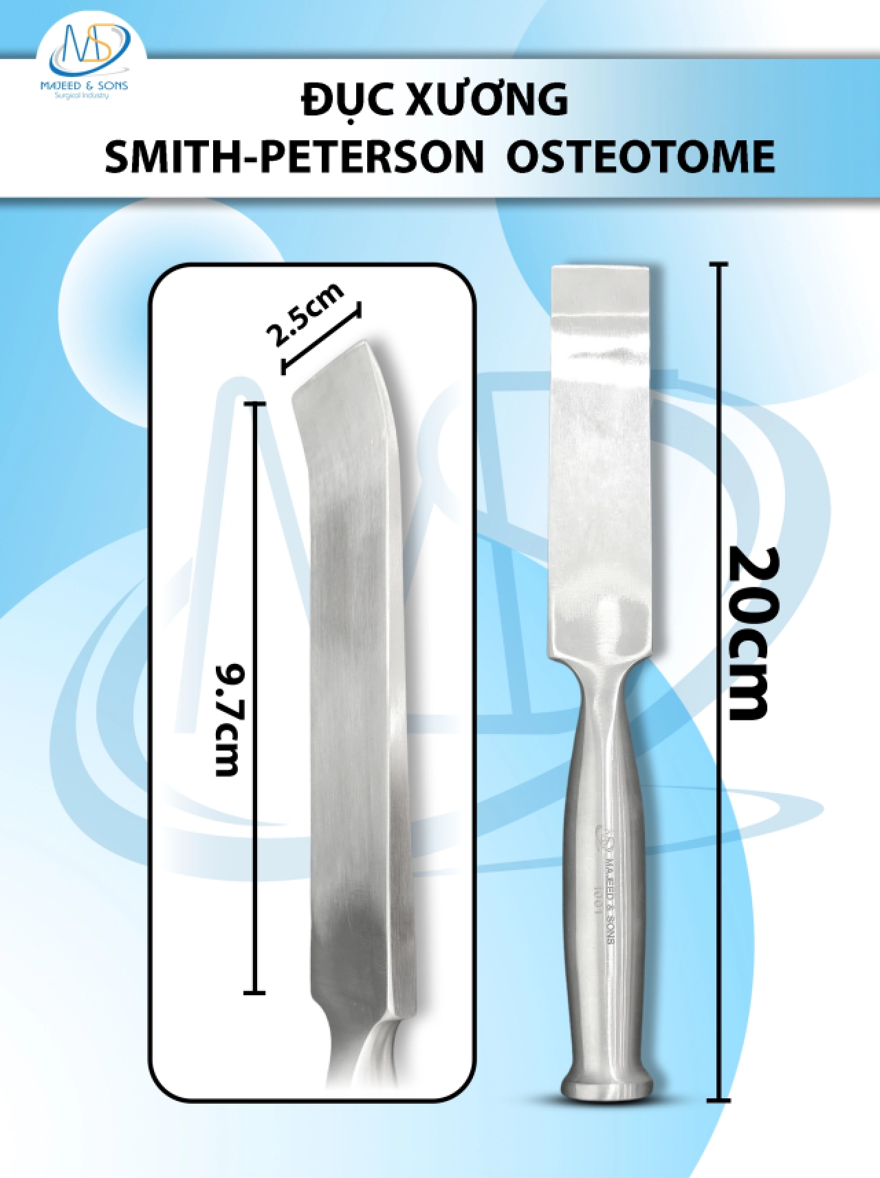 Đục xương Smith Peterson Osteotome cong 20cm D9.7cm R2.5cm 266g