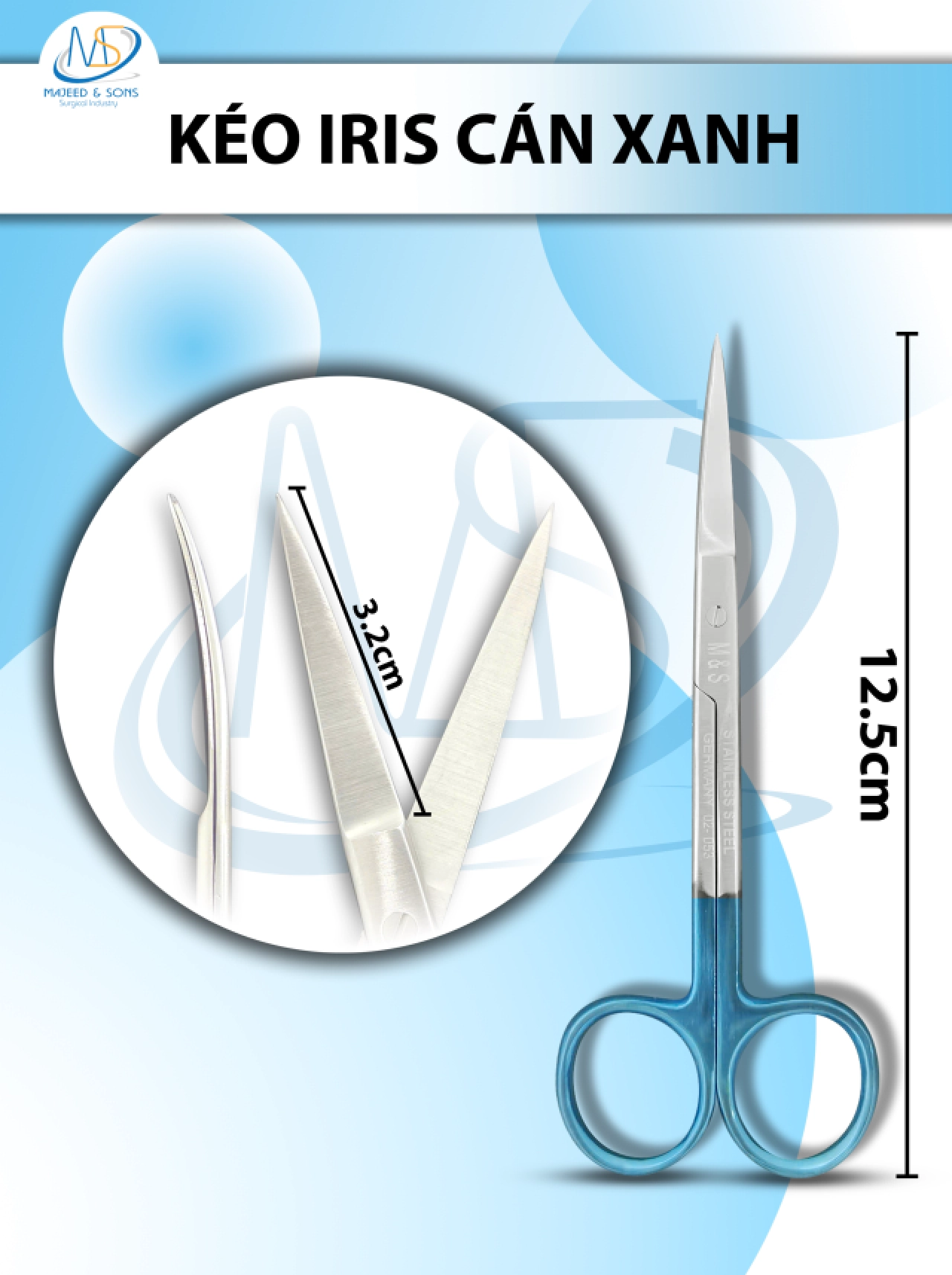 kéo cắt iris 12.5cm, lưỡi D3.2cm
