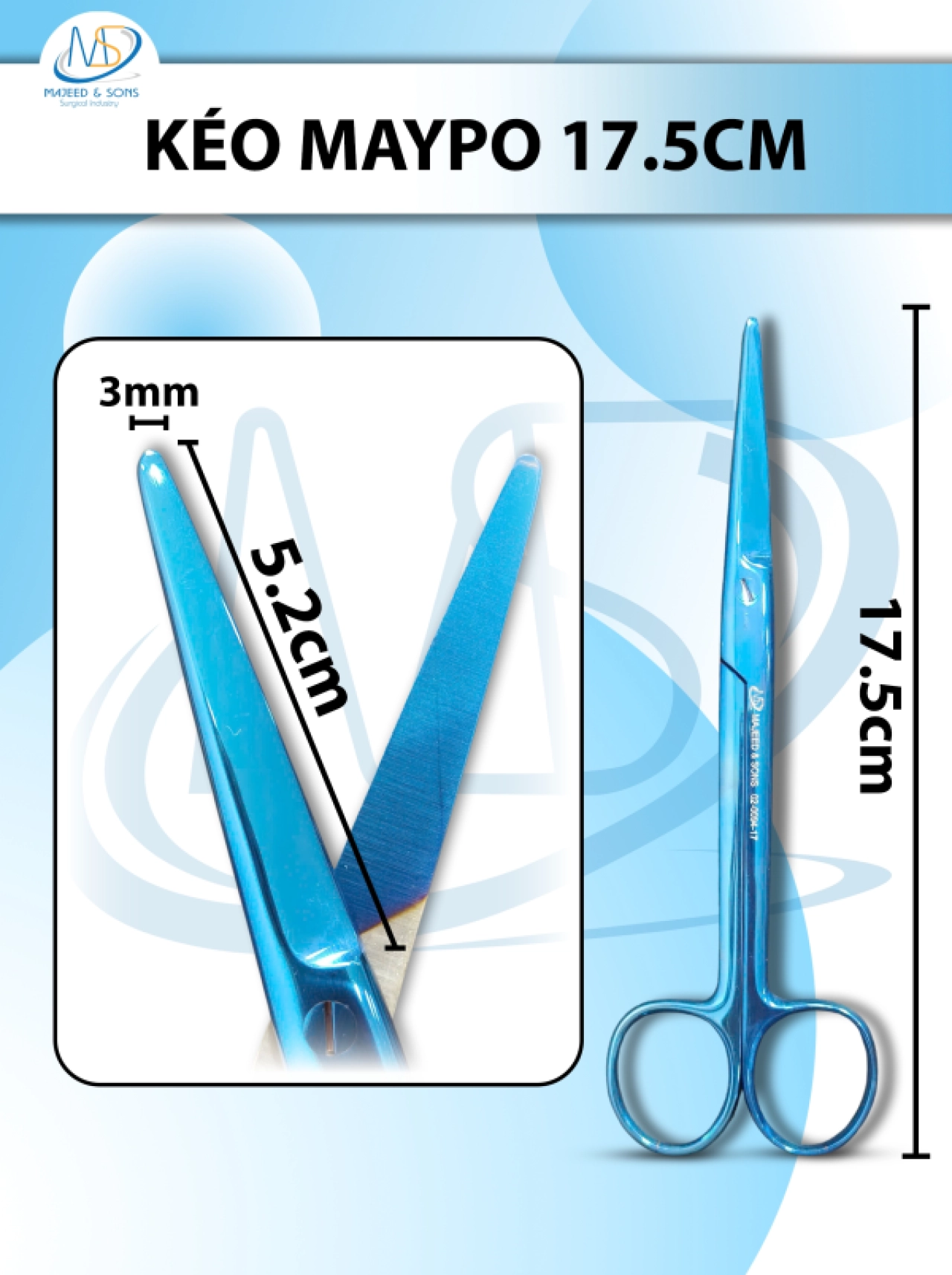 Kéo mayo 17.5cm, kéo cắt mô dày, đầu D5.2cm r3mm- XANH