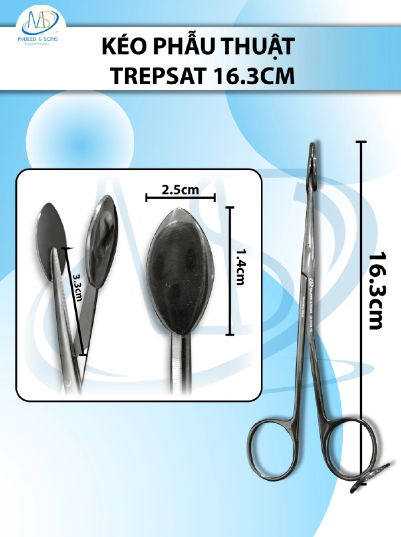 Kéo phẫu thuật căng da mặt Trepsat 16.3cmDkeo 3.3cm lá d2.5cm r1.4cm