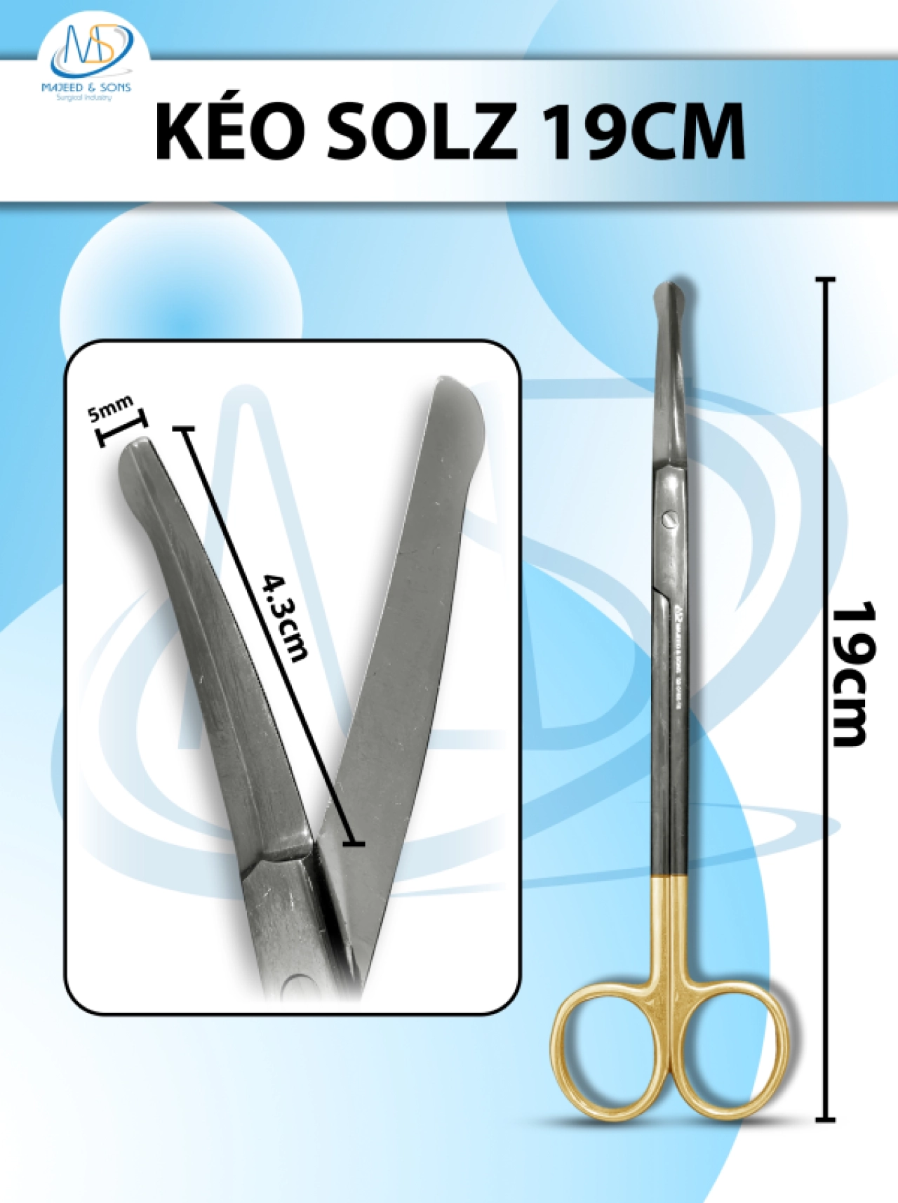 Kéo Solz 19cm, kéo phẫu thuật tạo hình D4.3cm r5mm
