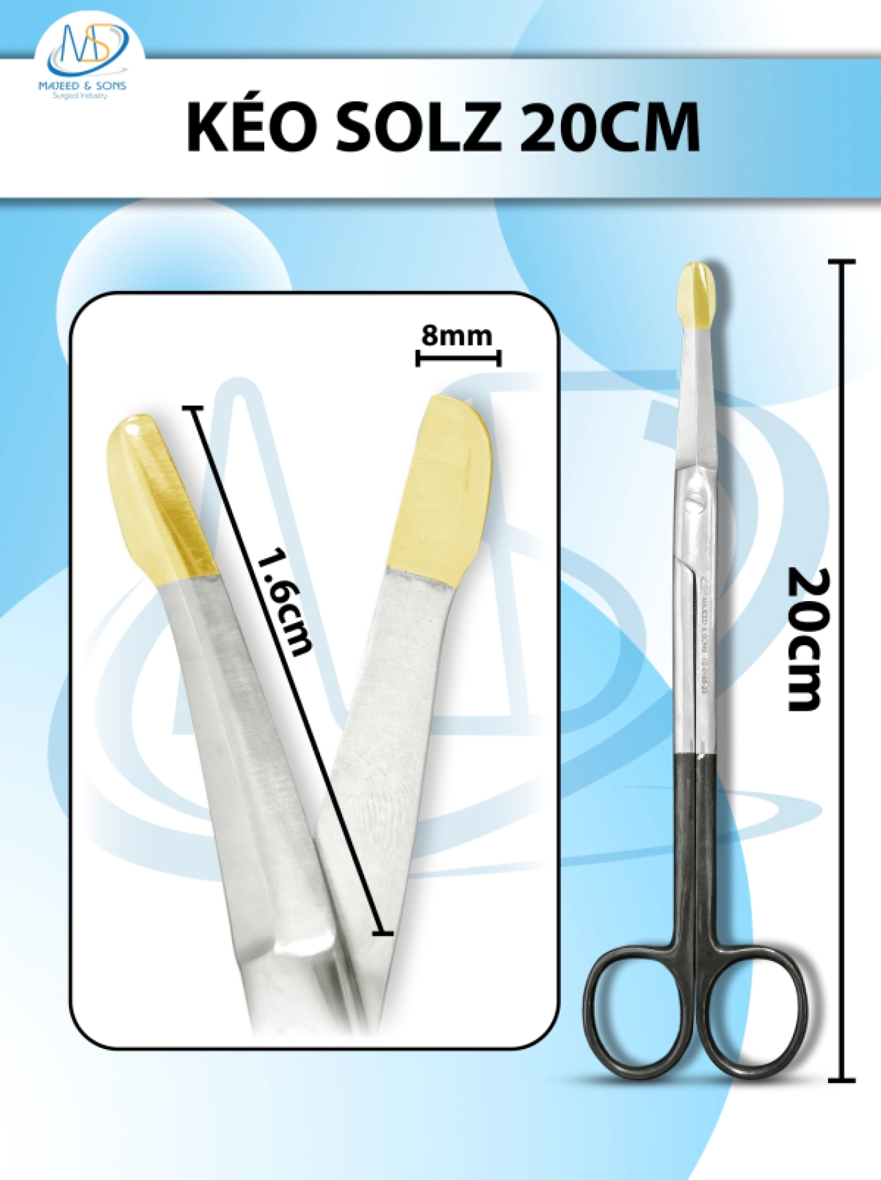 Kéo Solz 20cm, kéo phẫu thuật tạo hình D5.2cm Đầu bè D1.6cm r8mm