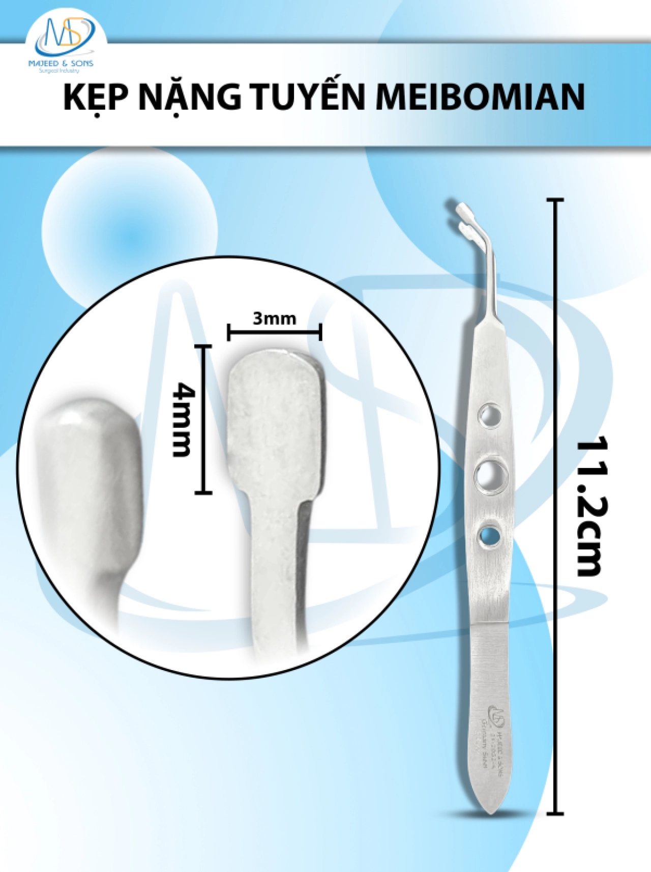 Kẹp nặn tuyến Meibomian 11.2cm ĐẦU VUÔNG MIN d4mm r3mm