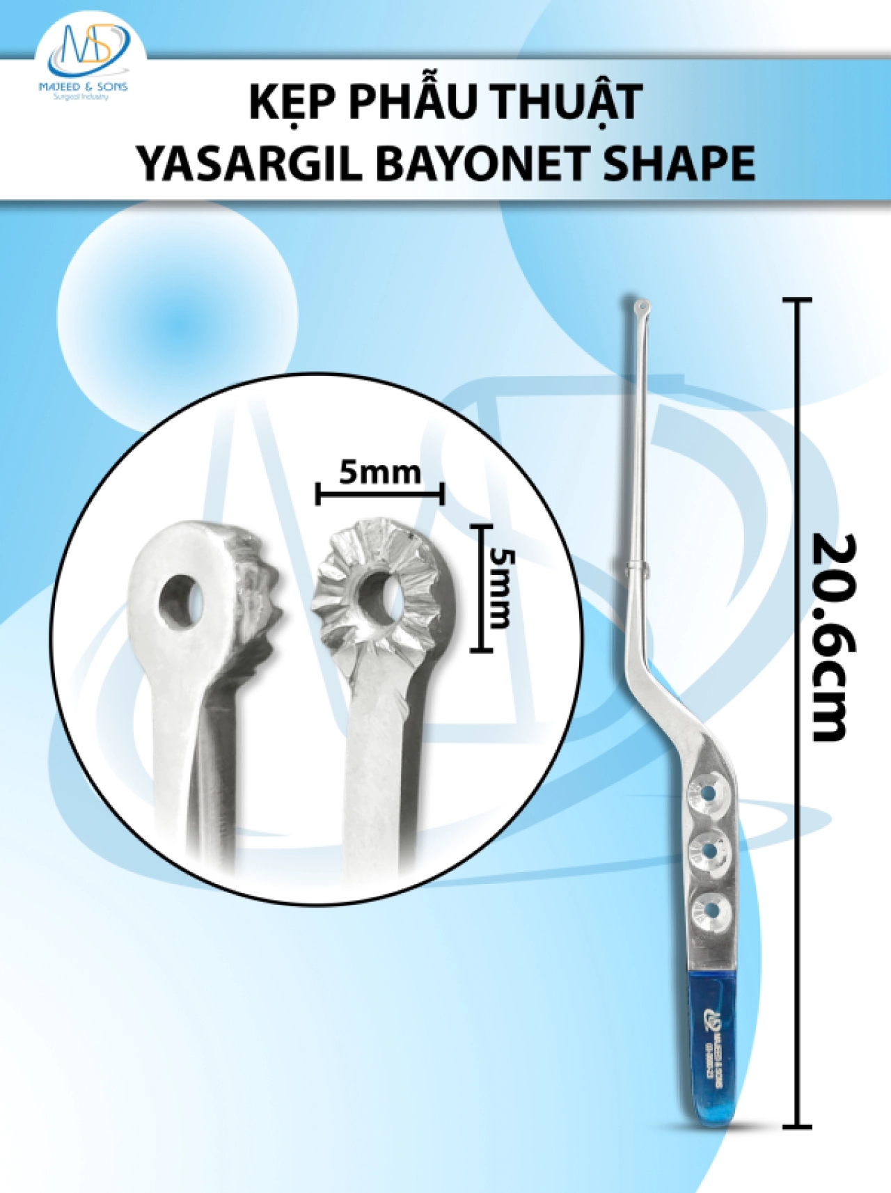 Kẹp phẫu thuật Yasargil bayonet shape 20.6cm DxR5mm XANH