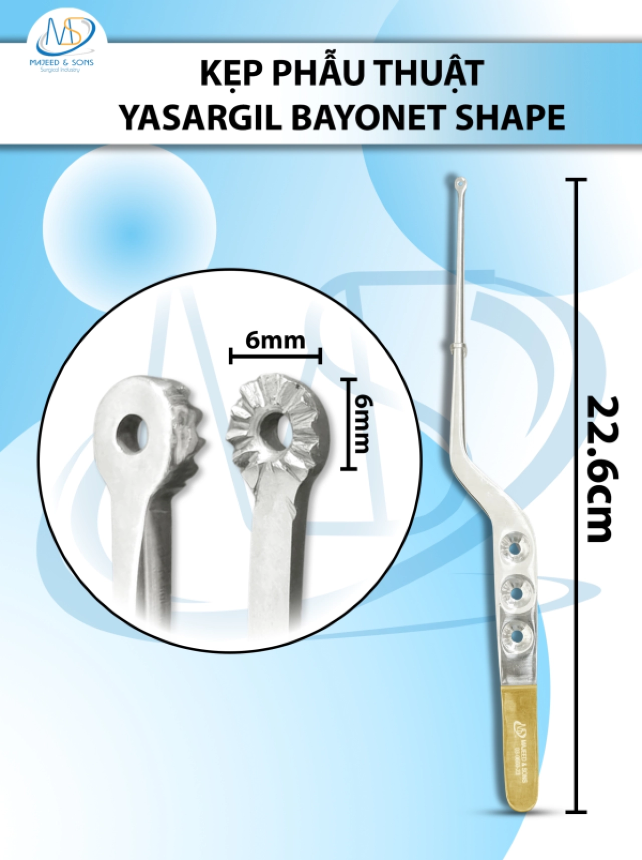 Kẹp phẫu thuật Yasargil bayonet shape 22.6cm VÀNG DxR6mm