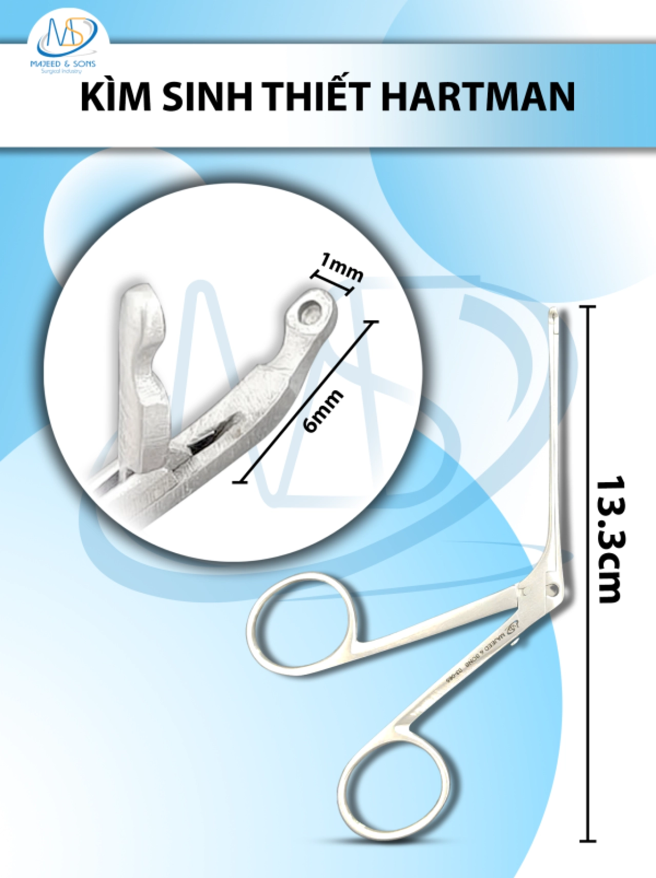 Kẹp sinh thiết Hartman Dài 13.3cm cong lên, đầu D6mm R1mm