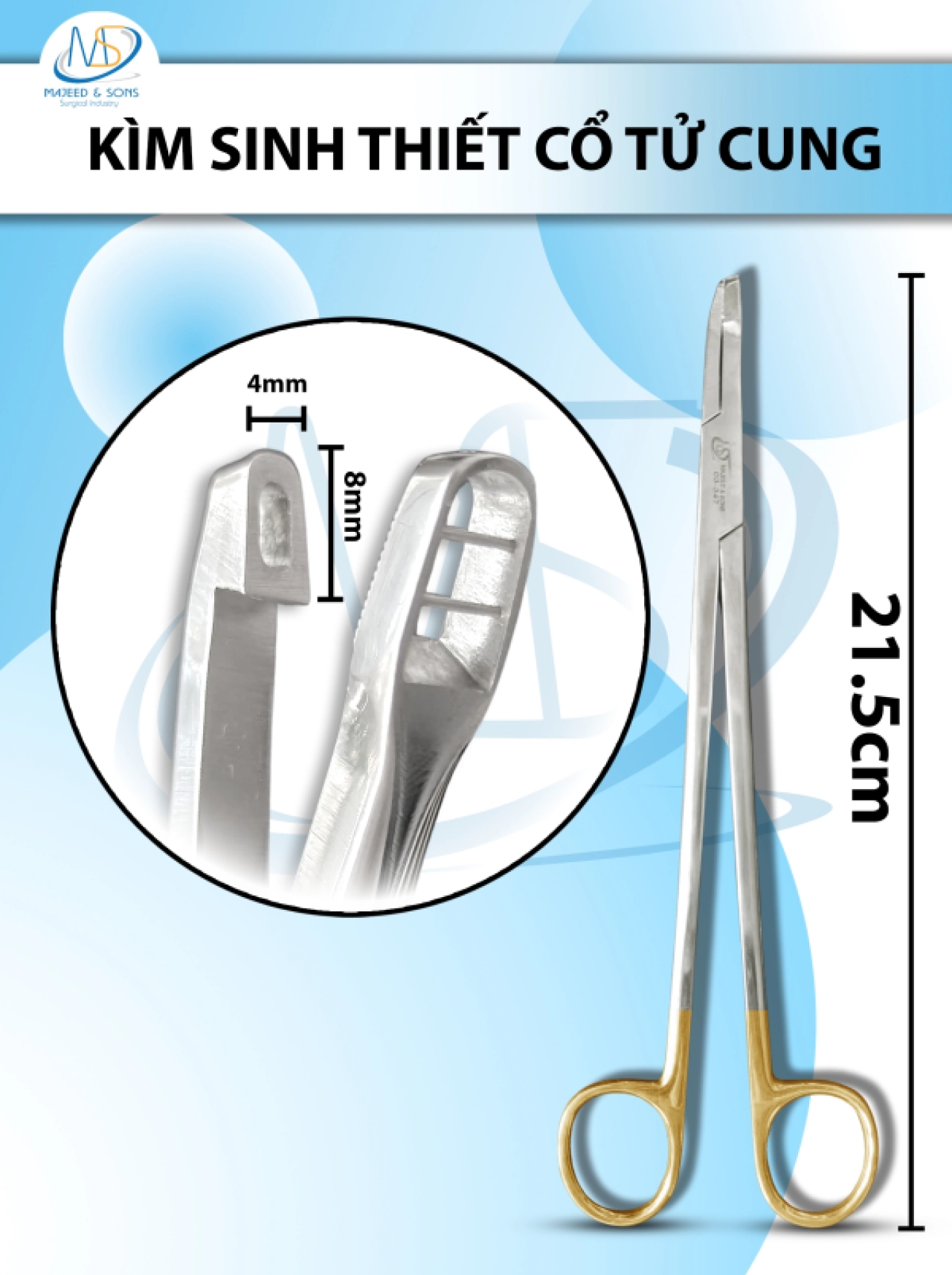 Kìm sinh thiết cổ tử cung Dài 21.5cm thẳng, hàm cắt 8x4mm
