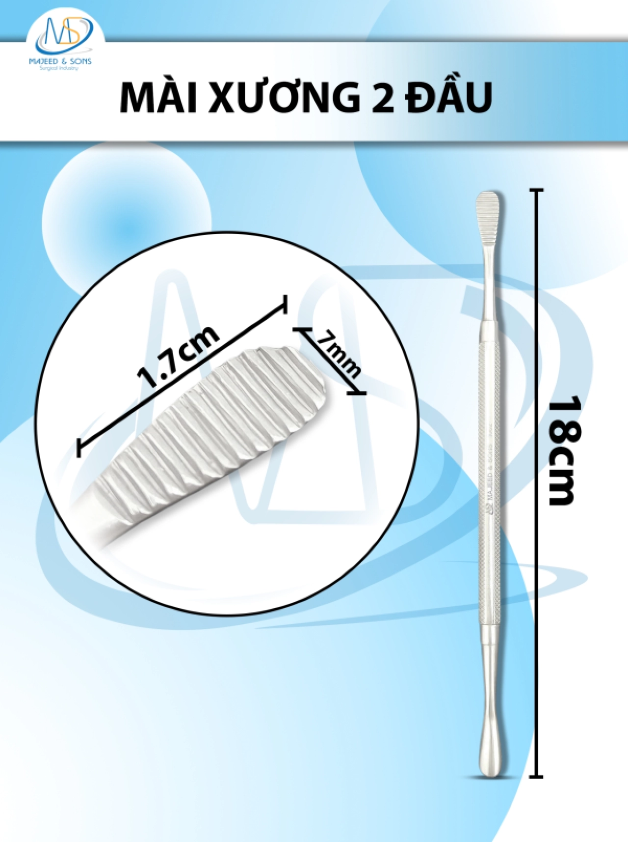 Mài xương 2 đầu thẳng 18cm, đầu D1.7cm R7mm