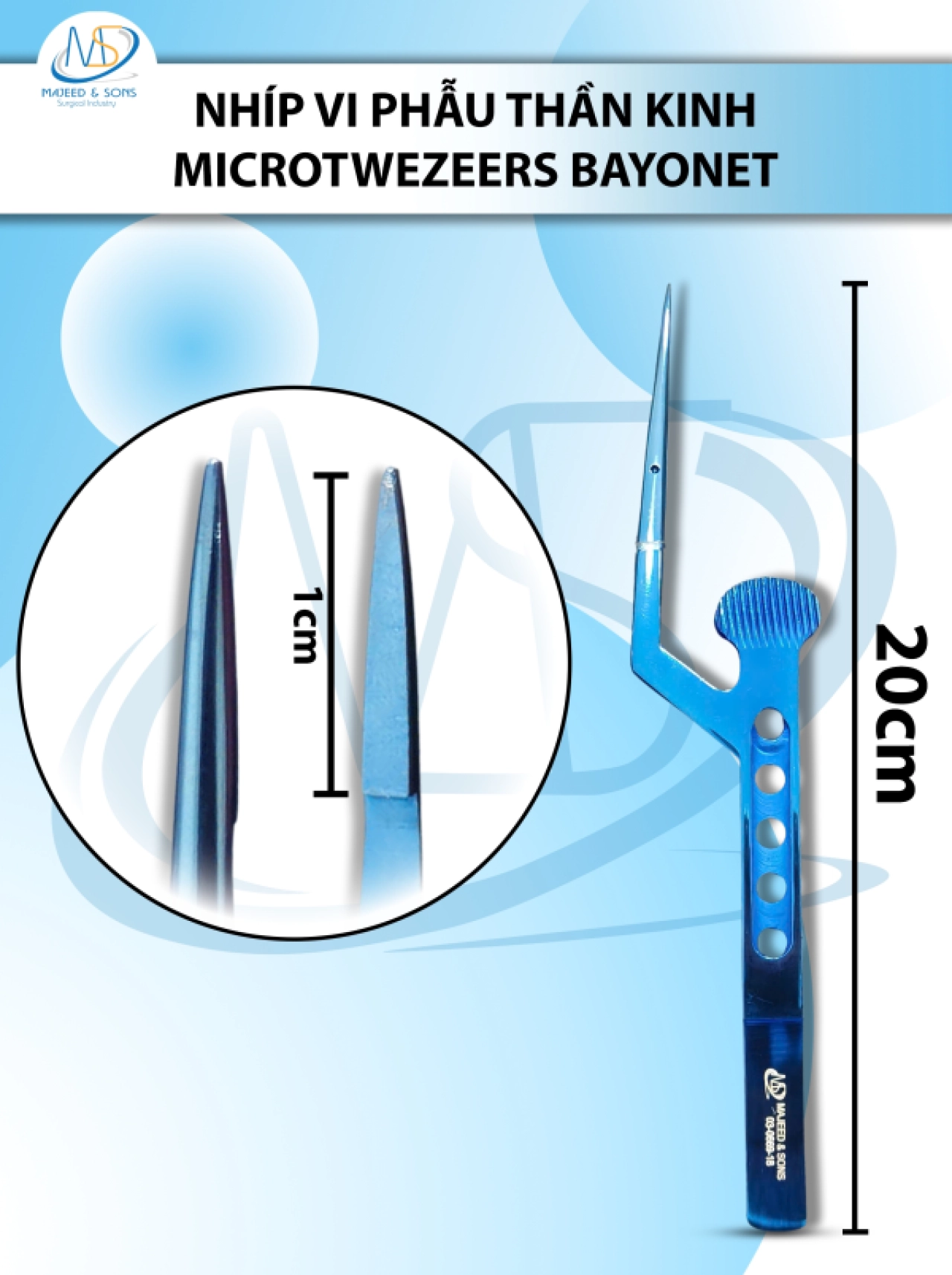 Nhíp vi phẫu thần kinh Microtweezers Bayonet 18.3cm XANH D1cm