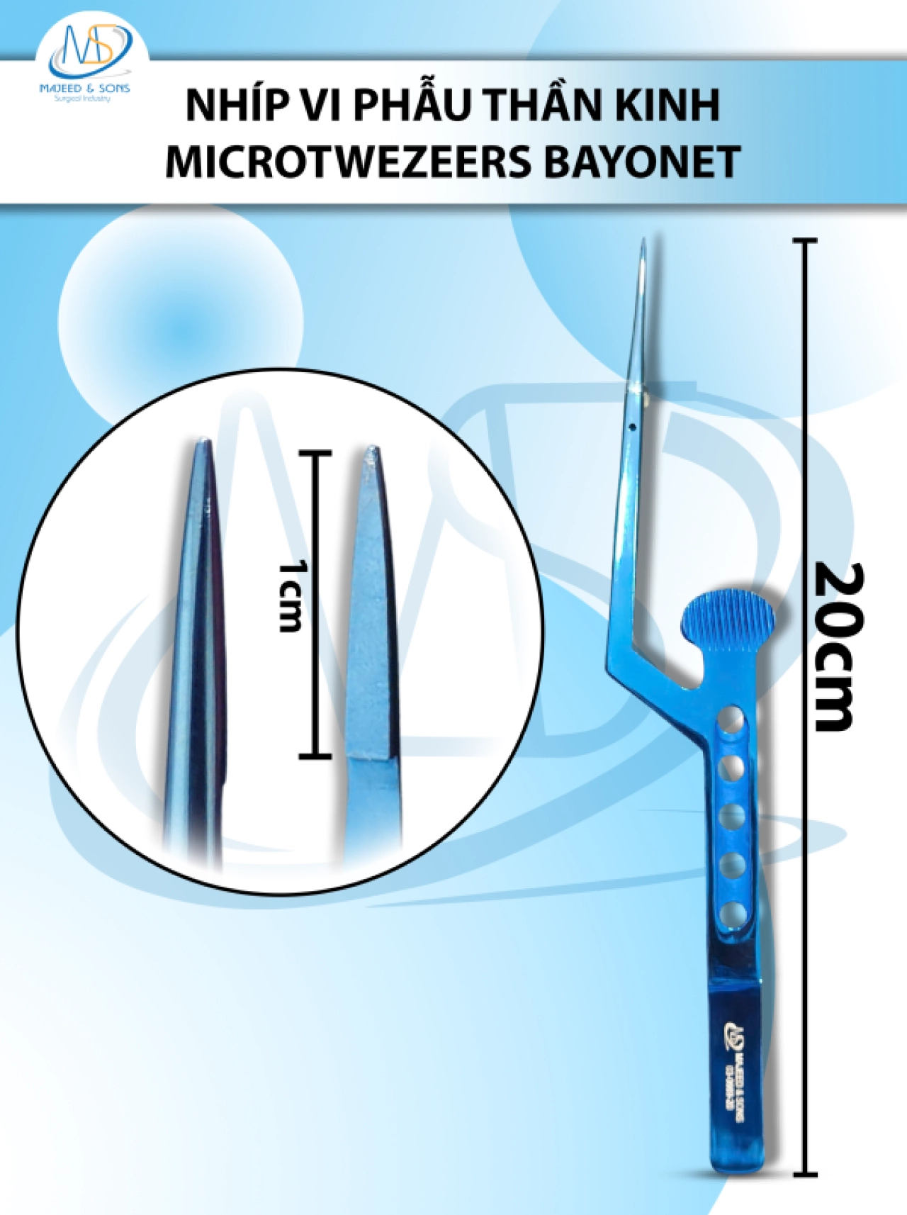 Nhíp vi phẫu thần kinh Microtwezeers Bayonet 20cm XANH D1cm