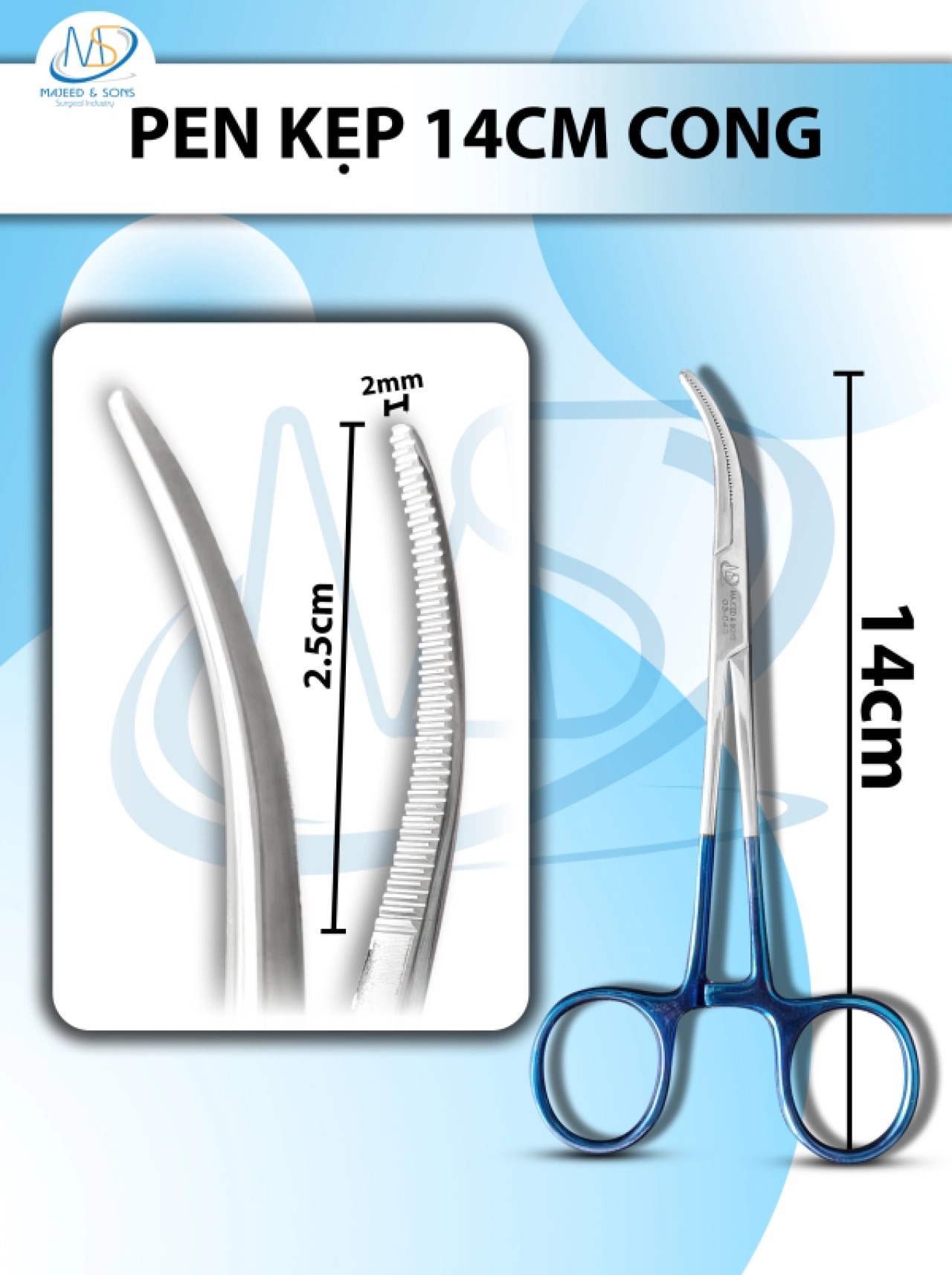 Pen kẹp cong 14cm, đầu D2.5cm R2mm