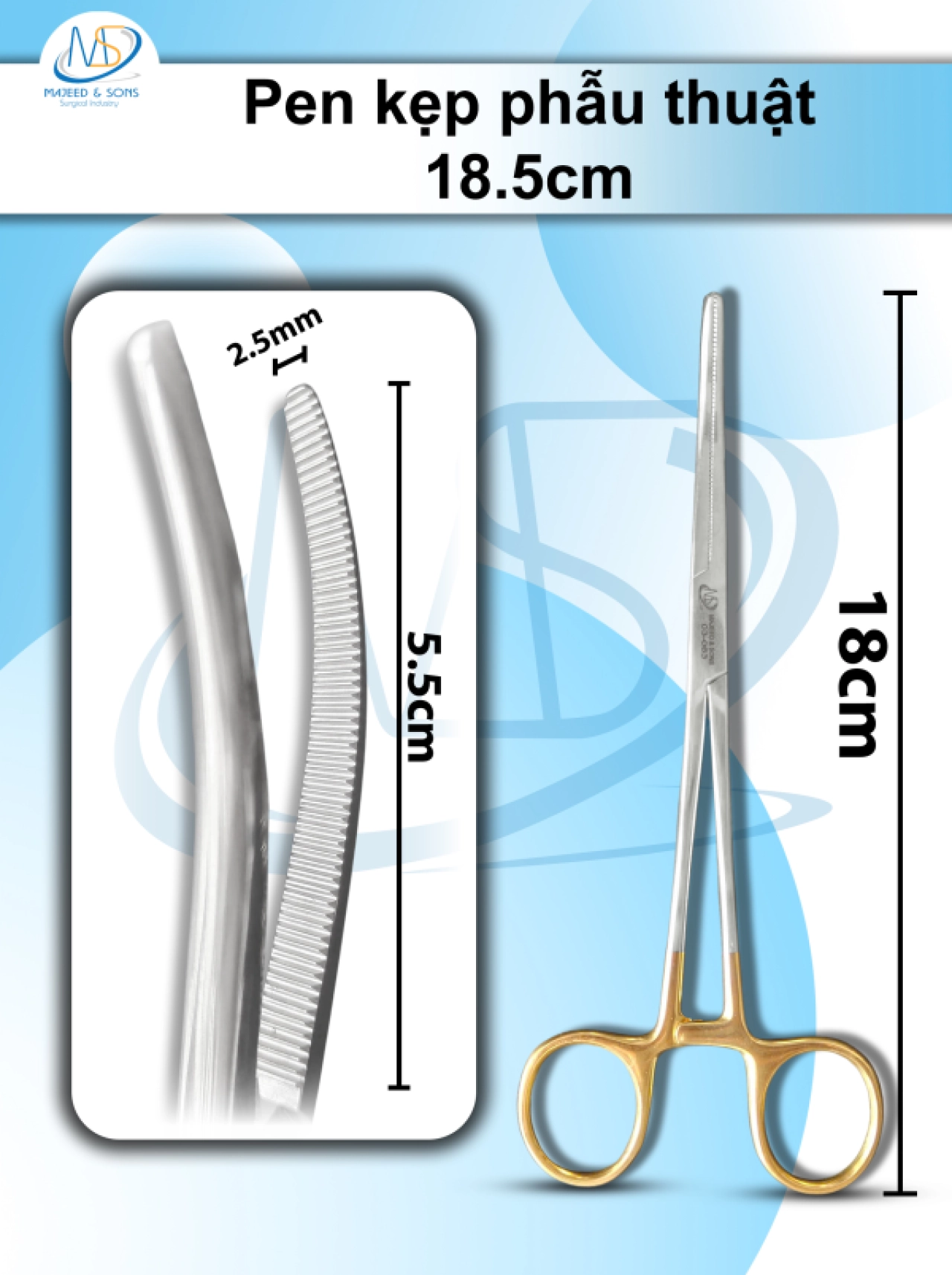 Pen kẹp phẫu thuật 18.5cm, đầu D5.2cm R3mm