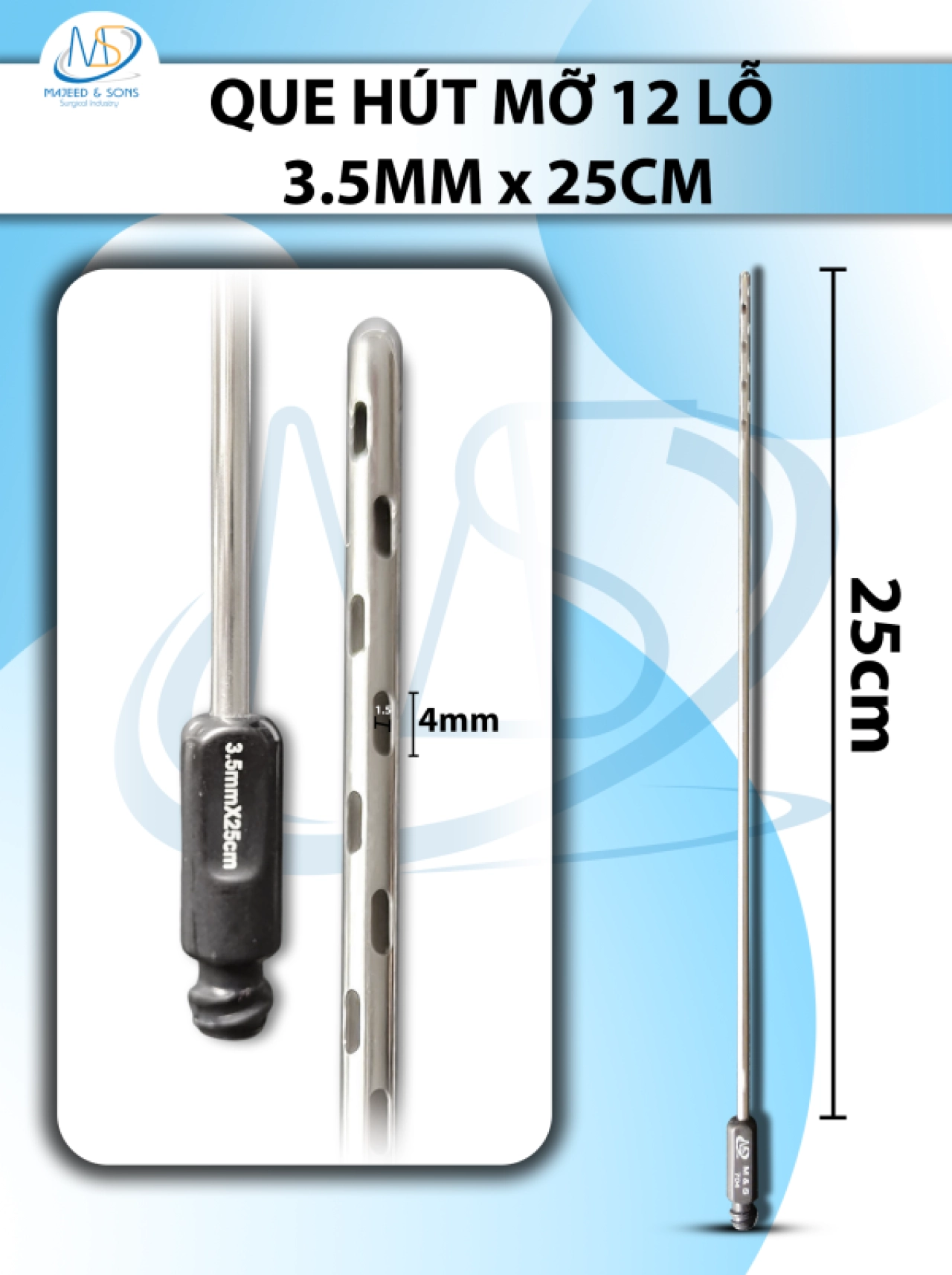 Que hút mỡ, kim hút  12 lỗ 3.5mmx25cm, lỗ r1.5 D4
