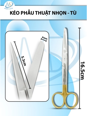 Kéo phẫu thuật 1 nhọn 1 tù 16.5cm thẳng D5.3 tù r6mm