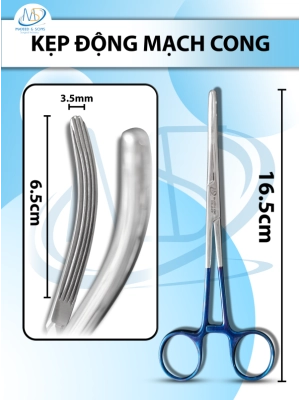 kẹp động mạch 16.5cm cong, đầu D4.5cm R3.5mm cán xanh