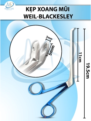 Kẹp xoang mũi, gặm xương mũi weil-Blackesley 19cm cong lê 45 độ, chiều dài làm việc 11cm, hàm kẹp 5x2mm