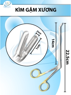 Kìm gặm xương, Kẹp chỉnh hình cột sống Dài 21.5cm, chiều dài làm việc 14cm, đầu gặm lên D1cm R2mm