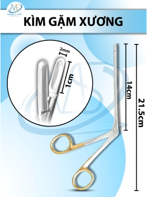 Kìm gặm xương, Kẹp chỉnh hình cột sống Dài 21.5cm,chiều dài làm việc 14cm, đầu gặm ngang D1cmxr2.5mm