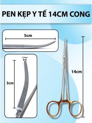 Pen kẹp y tế 14cm cong đầu nhỏ, răng đều, pen y tế, kẹp gắp 14cm