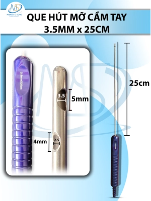 Que hút mỡ tay cầm 3,5mmx25cm, 3 lỗ tháp tròn, lỗ to d5mmxr3,5mm, 2 lỗ nhỏ d4mmxr2,5mm