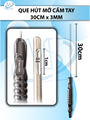 Que hút mỡ tay cầm 3mmx30cm 3 lỗ dài, lỗ d1cmxr2,5mm