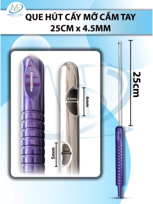 Que hút mỡ tay cầm 4,5mmx25cm, 3 lỗ tháp tròn, lỗ to d6mmxr4,5mm, 2 lỗ nhỏ d5mmxr4mm