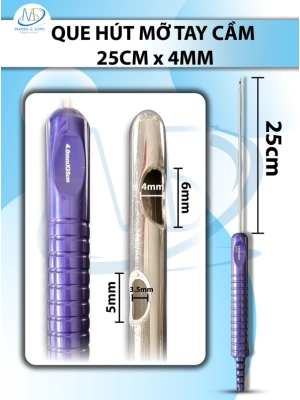 Que hút mỡ tay cầm 4mmx25cm, 3 lỗ tháp tròn, lỗ to d6mmxr4mm, 2 lỗ nhỏ d5,5mmxr3,5mm