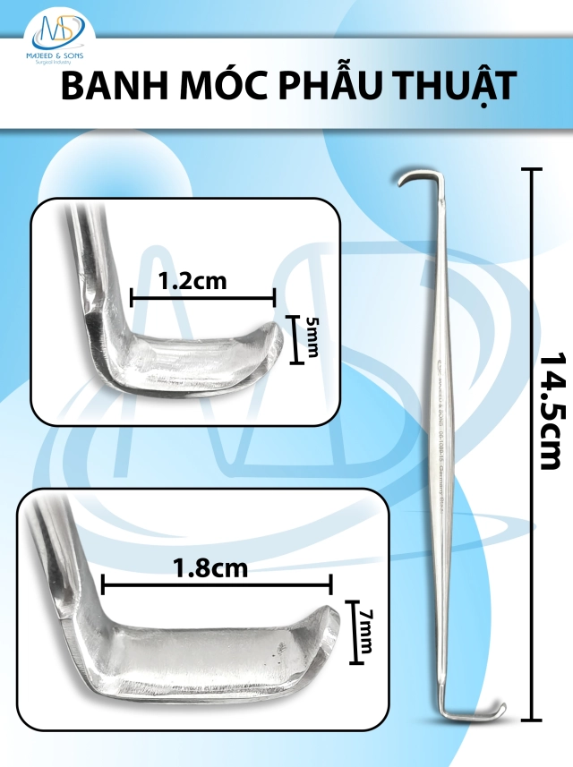 Banh móc phẫu thuật 14.5cm Đầu lớn D1.8cm R7mm, đầu nhỏ D1.2cm r5mm