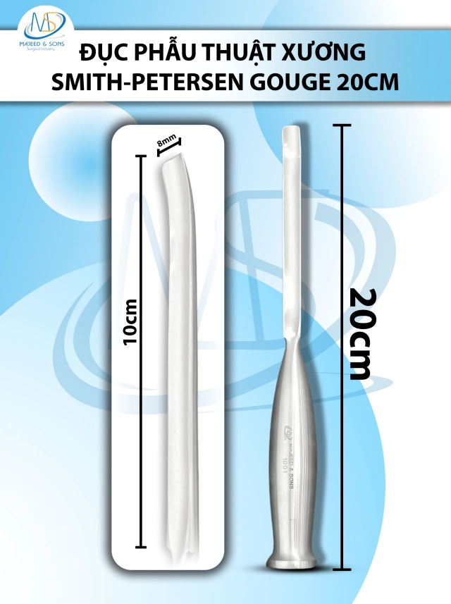 Đục phẫu thuật xương Smith-Petersen Gouge 20cm lòng máng cong,  đầu D10cm R8mm 217g