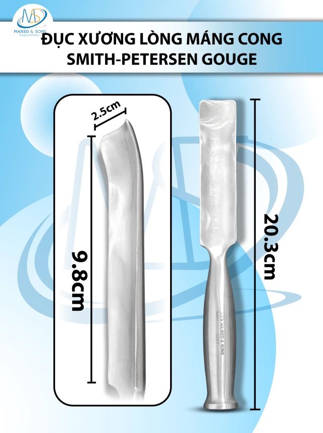 Đục xương lòng máng cong Smith-Petersen gouge 20.3cm D9.8cm R2.5cm nặng 266g