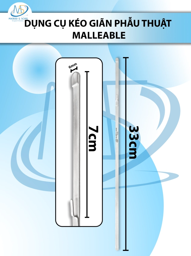 Dụng cụ kéo giãn phẫu thuật malleable (malleable retractor) Dài 33cm R0.6cmD7cm, làm từ thép không gỉ mềm dẻo có thể tái sử dụng
