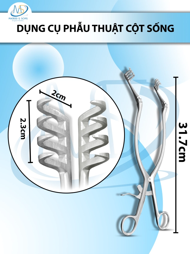 Dụng cụ phẫu thuật cột sống Beckman Adson Laminectomy Retractor 31.7cm đầu cong 8.5cm, răng d2cm r2.3cm