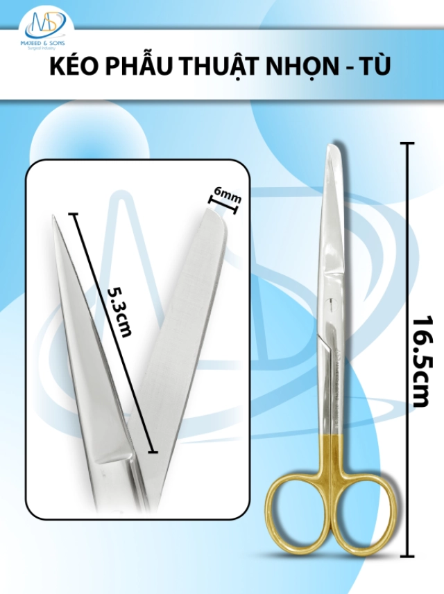 Kéo phẫu thuật 1 nhọn 1 tù 16.5cm thẳng D5.3 tù r6mm