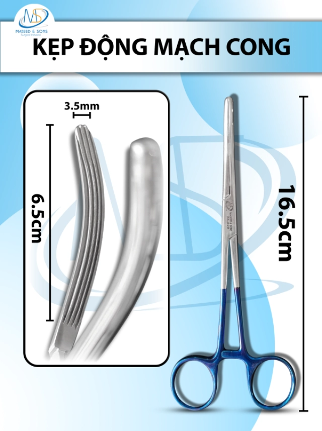 kẹp động mạch 16.5cm cong, đầu D4.5cm R3.5mm cán xanh