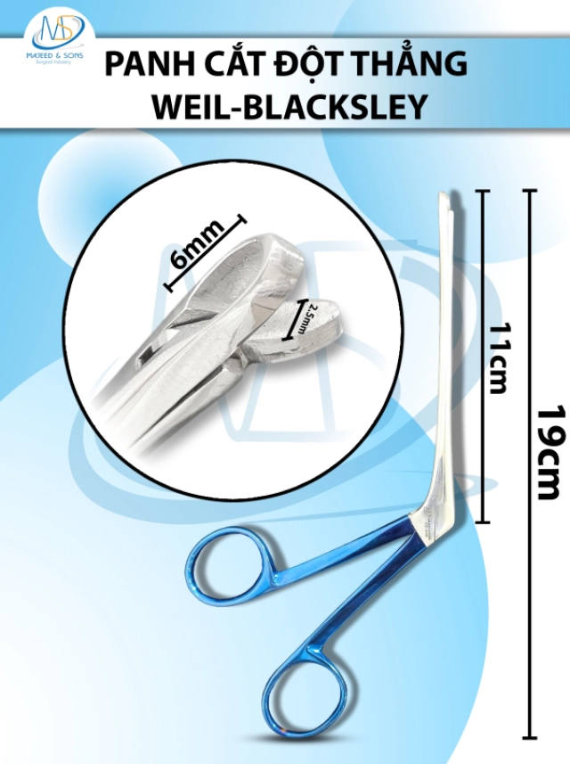 Panh cắt đột thẳng weil- Blackesley 19cm, kẹp cắt xương mũi chiều dài làm việc 11cm hàm cắt 6x2.5mm